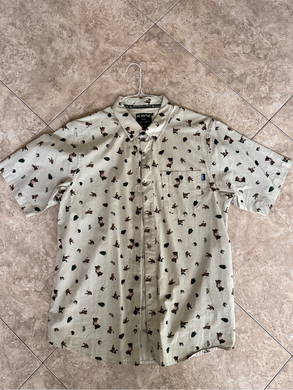 Kavu Men's Short-Sleeve Button-Down Shirt in Sage with Brown & Dark Green Motif
